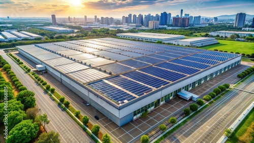 An expansive industrial warehouse situated in a modern technology park is adorned with an array of solar panels on its rooftop. 