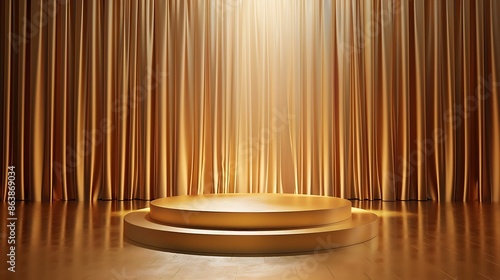 Golden stage with spotlights and curtains, perfect for product display or award ceremony.