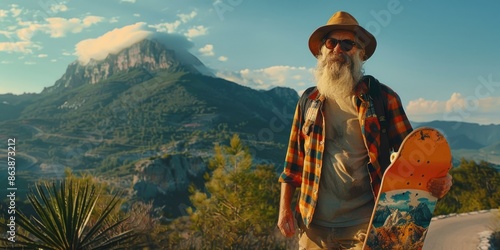 A person holding a skateboard, wearing a beard and a hat