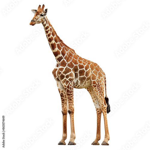 African adult giraffe standing isolated on white background. Side view.