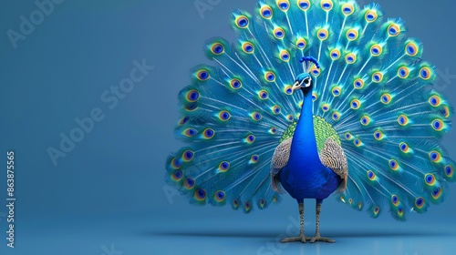 A vibrant and majestic peacock stands tall, its tail feathers spread in a dazzling display of shimmering blues and greens.
