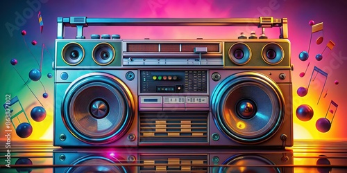 Close-up of a retro boombox with vibrant musical notes and cassette tapes , music, vintage, 80s, retro, colorful