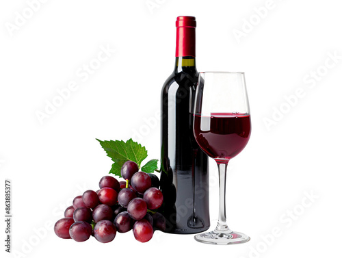 a bottle of wine next to a glass of wine and grapes