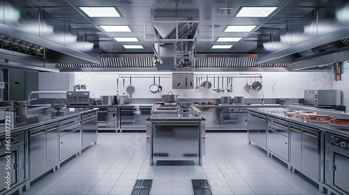 A commercial kitchen reflecting cleanliness and shine is a perfect example of perfect organization and attention to hygiene, which emphasizes the high standard of catering services.