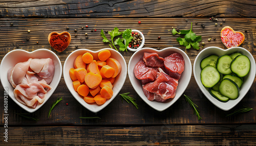 healthy fresh ingredients for pet food in individual heart-shaped bowls viewed from overhead with chopped raw beef, liver and chicken , mixed vegetables and rains on rustic wood