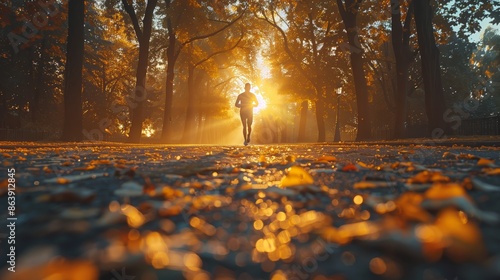 A solitary figure jogs along a sun-dappled path strewn with golden autumn leaves in a peaceful park setting