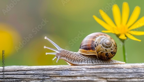 Detailed close up of a snail leisurely crawling on a textured wooden table surface