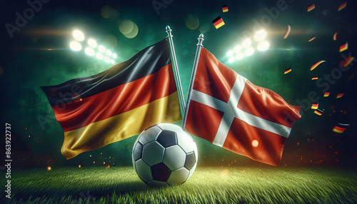 Länderflaggen von Deutschland und Dänemark mit einem Fußball in der Mitte, Fußball EM 2024, Europameisterschaft