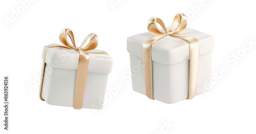 A pair of elegant 3D gift boxes adorned with golden ribbons. Perfect for special occasions, weddings, anniversaries, and luxury gift presentations. Ideal for greeting cards and promotional materials.