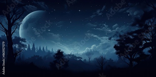 Dark Forest Night Illustration with Crescent Moon and Stars