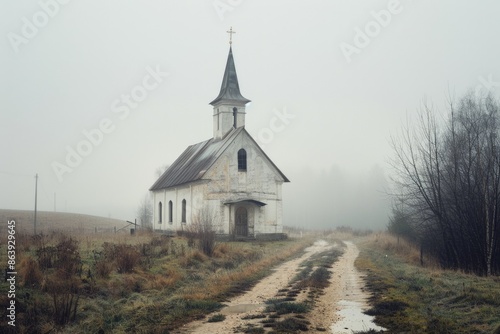 Small white church with a steeple on a foggy day, great for backgrounds or rural settings