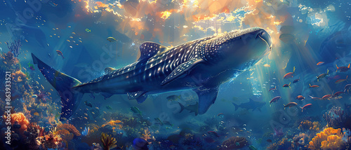 Whale Shark in the Ocean. Whale Shark Day Concept. Sea World Themed. Underwater Aquatic Landscape