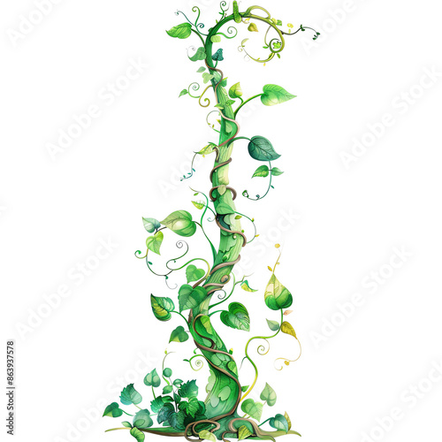 Illustration of a tall, winding beanstalk with lush green leaves, resembling the famous beanstalk from the fairytale 'Jack and the Beanstalk'.