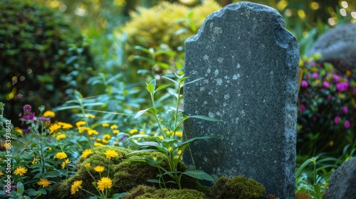 A stone tombstone on a grave without an inscription in a cemetery. Funeral ceremony and remembrance of deceased people.