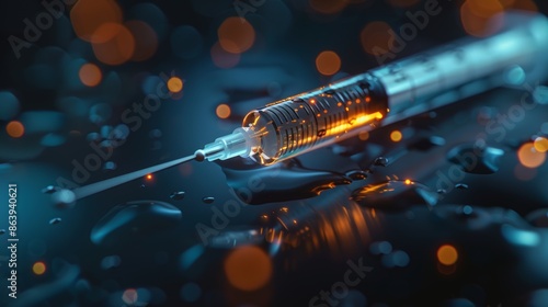 Medical syringe close up with blurred lights. Vaccination and medical care concept.