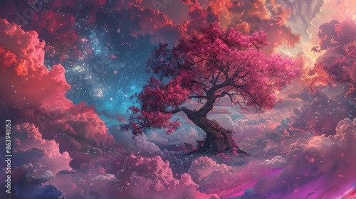 Magical blossoming cherry tree in the sky with a glowing sunrise.