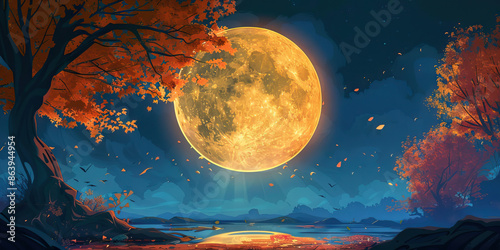 Harvest Moon Vector: A Digital Artwork of the Harvest Moon, Representing Abundance and Gratitude in Autumn