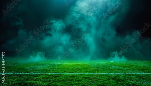 Enigmatic mist covered soccer field under the night sky creates an intriguing atmosphere