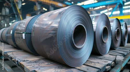 Selective focus on sheet steel rolls for sale Cold rolled and hot rolled steel products displayed on billboard
