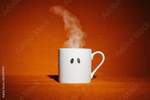 White mug with sparkly spooky ghost eyes and hot steam on orange background. Creative minimalist Halloween wallpaper