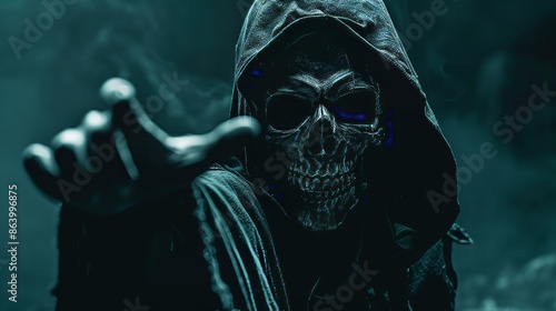 Dark hooded figure with a skull mask, Reaper reaching out, set against a dark background, creating a chilling, scary atmosphere