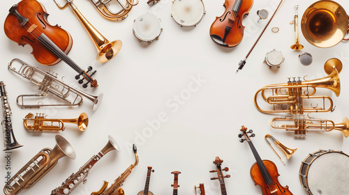 Photo of various musical instruments arranged in the shape of an oval on white background, with space for text at center. The scene includes brass and woodw emoor in different size