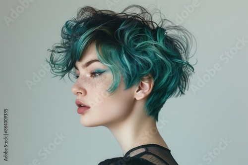 edgy pixie cut with vibrant teal ombre effect styled in tousled waves studio shot with dramatic sidelighting to emphasize texture and color