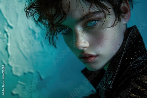 highfashion editorial portrait of an androgynous model with striking features and iceblue eyes dramatic sidelighting creates bold shadows and highlights