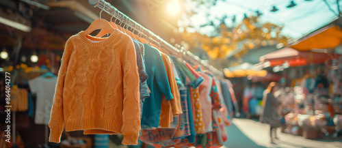 Bustling Children's Flea Market: Colorful Kids' Clothes Spread Across Street Vendor Stalls Under Sunny Skies