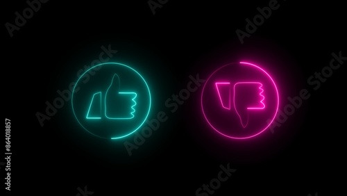 Glowing Thumb down, dislike neon sign. Yes and No thumb up. Feedback concept. neon Do and don't symbols.