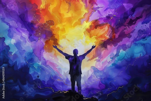 silhouette of a man with arms raised in worship against a vibrant watercolor sky swirling hues of purple blue and orange create a sense of divine presence and spiritual awakening