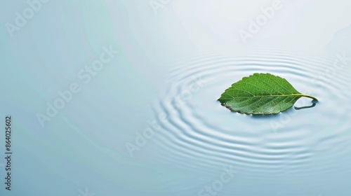 Tranquil water surface with a single leaf, detailed textures, soft reflections, peaceful and calm atmosphere, subtle ripples