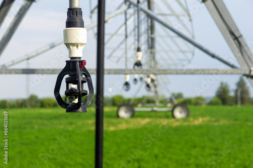 Close-up of Sprinkler in Agricultural Irrigation Pivot.