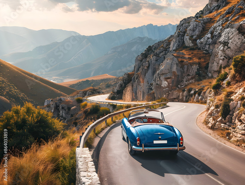 A vintage convertible cruising through scenic mountain roads on a sunny day in summer.