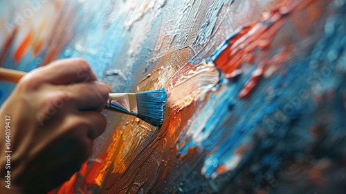 An abstract painting dominated by bold brush strokes in blue and orange, with a hand skillfully applying paint, creating a rich blend of textures and dynamic movement.