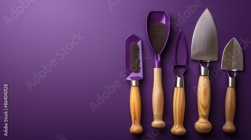 Gardening tools set with garden knife and seed spreader isolated on a solid purple background