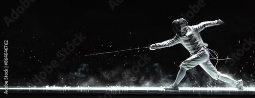 Long shot panoramic view of a fencer, elegant stance, sharp rapier pointed forward, illuminated against a deep black background