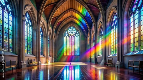 Gothic church with towering lancet windows casting a rainbow prism indoors, Gothic, church, cathedral, architecture