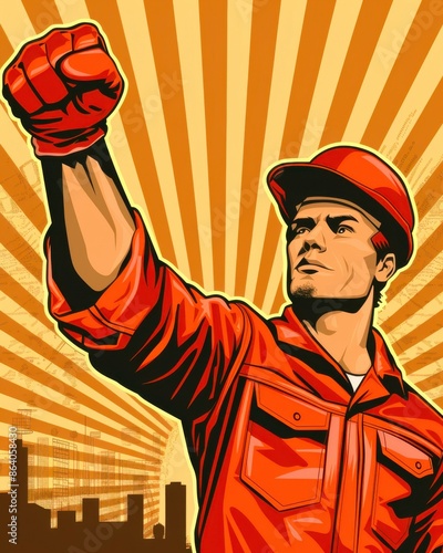 A Powerful Illustration of Construction Worker Raising Fist in Gesture of Victory Against Background of City Buildings and Sunburst Iconic Labor Day Art Urban Triumph Motivational Image