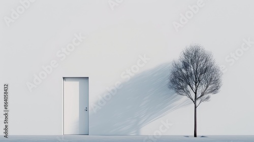 Minimalist scene with a door slightly open, highlighting a solitary tree, emphasis on simplicity and balance, subtle textures