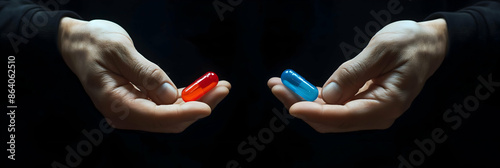 Hands holding red and blue pills symbolizing choice and decision in a dark surrounding. High contrast concept image.