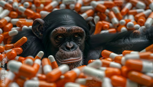 A chimpanzee surrounded by numerous orange and white capsules, symbolizing healthcare, medication, and animal testing in scientific research.