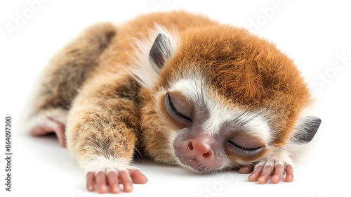  A cute brown and white slow loris primate sleeping on wood, isolated on blank background