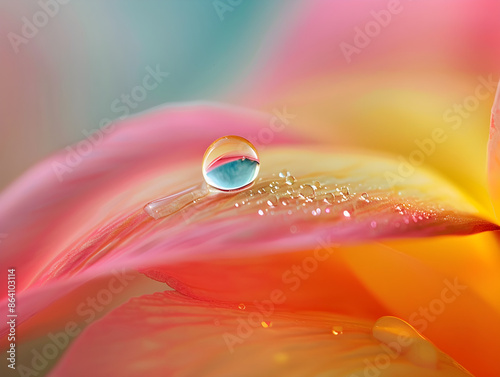 Macro photography captures a single water droplet resting gracefully on a delicate flower petal.