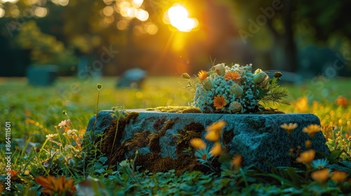 Memorial Headstone with Bouquet on Green Lawn - Honoring the Deceased with Natural Ambience on Memorial Day