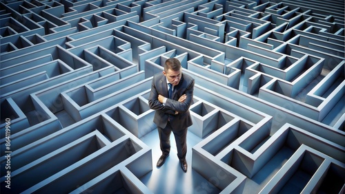 Businessman Confused in Maze: A businessman looking confused and frustrated while trapped in a maze, symbolizing challenges in decision-making. 