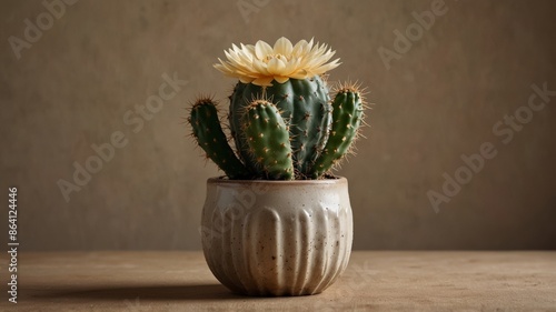 Cactus in a vase, beige background.