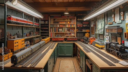 Detailed Model Train Room with Shelves and Books