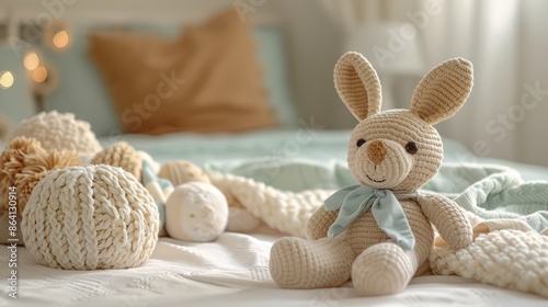 Cozy knitted stuffed toys on a bed in a softly lit room