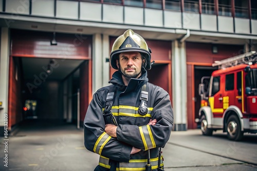 Firefighter Standing in Front of Fire Station.